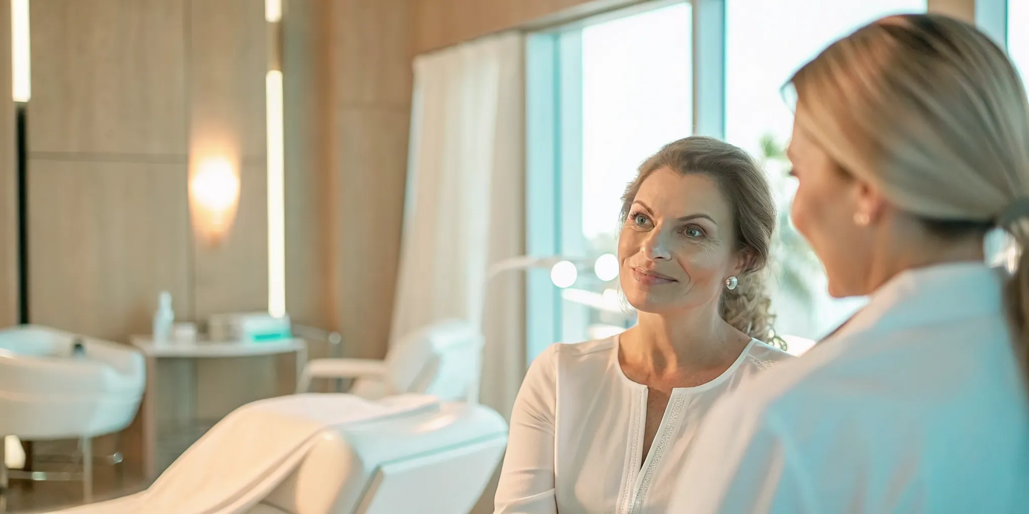 Woman consulting with a physician about weight loss options in a medical spa consultation room in Naples
