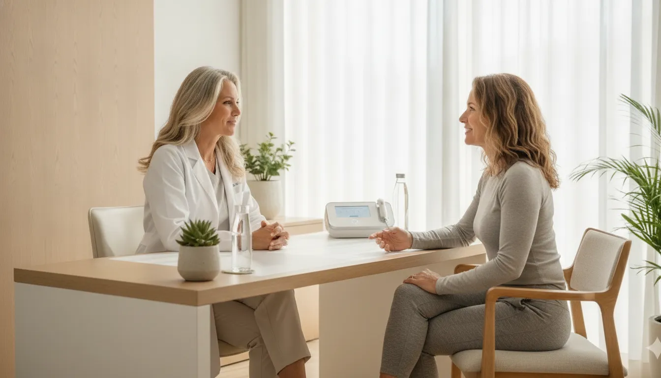 Physician consulting with a patient about a supervised weight loss program in a bright Naples medical office