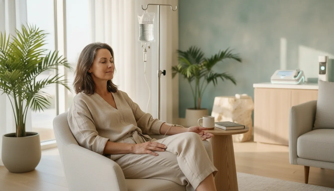 Relaxed woman receiving IV hydration therapy in a bright modern wellness clinic in Naples, Florida