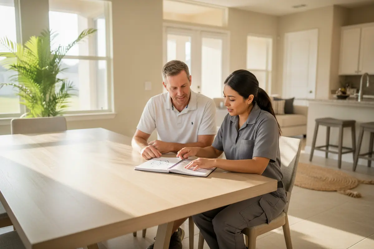 A homeowner and restoration professional reviewing repair notes in a bright Florida home