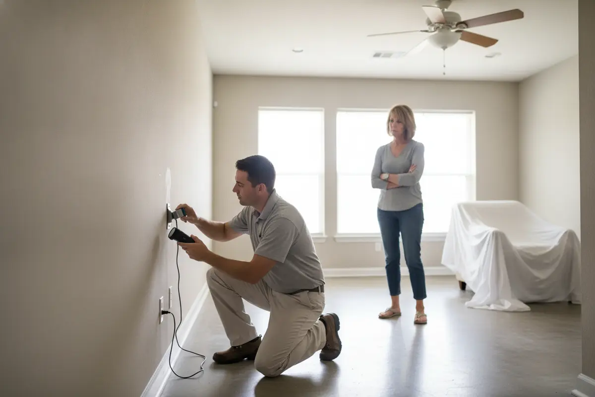 A restoration professional documents a home's affected wall during an assessment