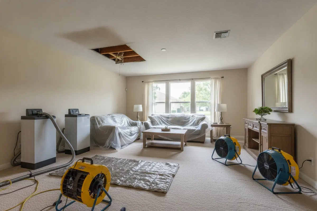 Air movement and drying equipment set up in a water-affected room