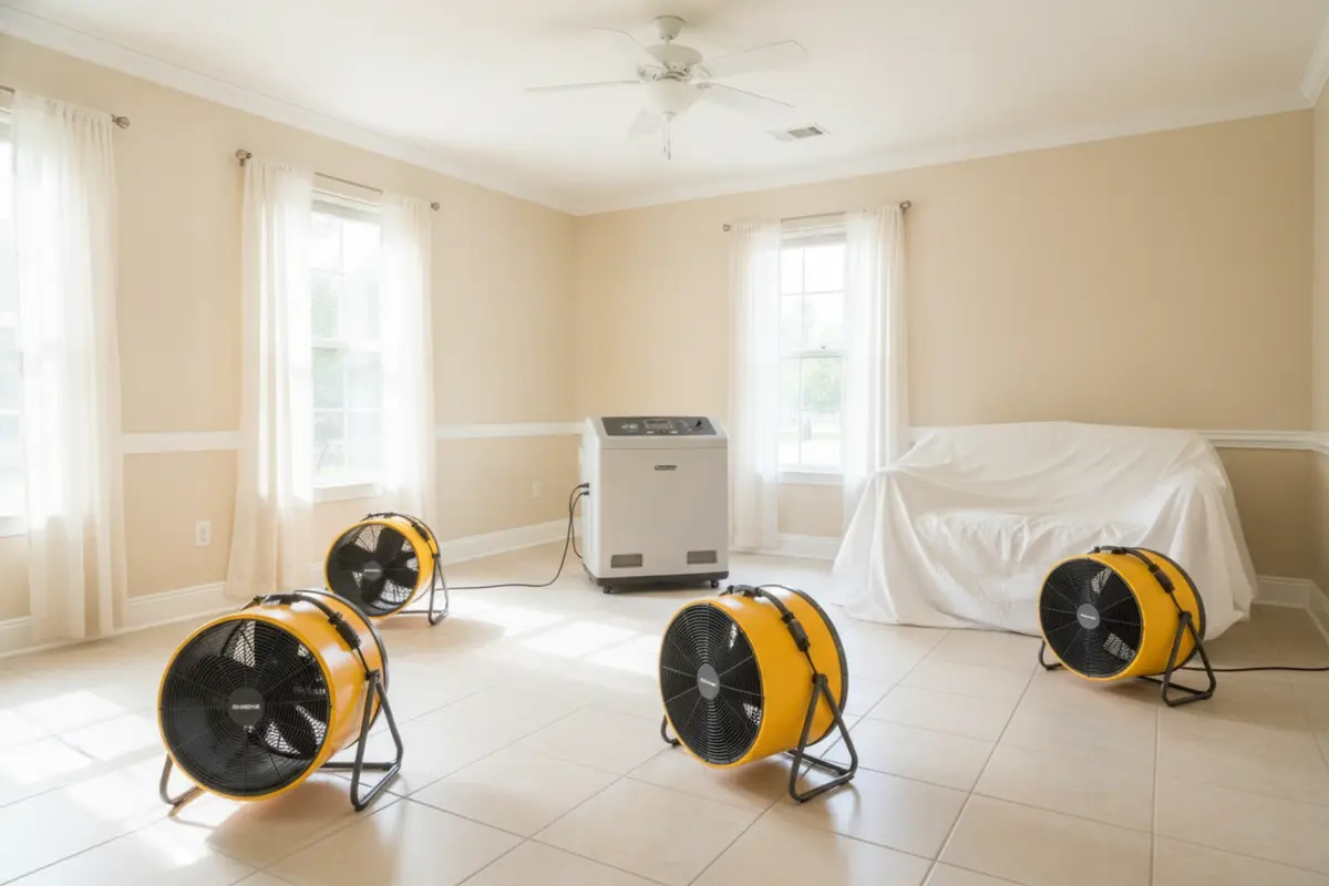 Air movers and drying equipment set up neatly in a bright room