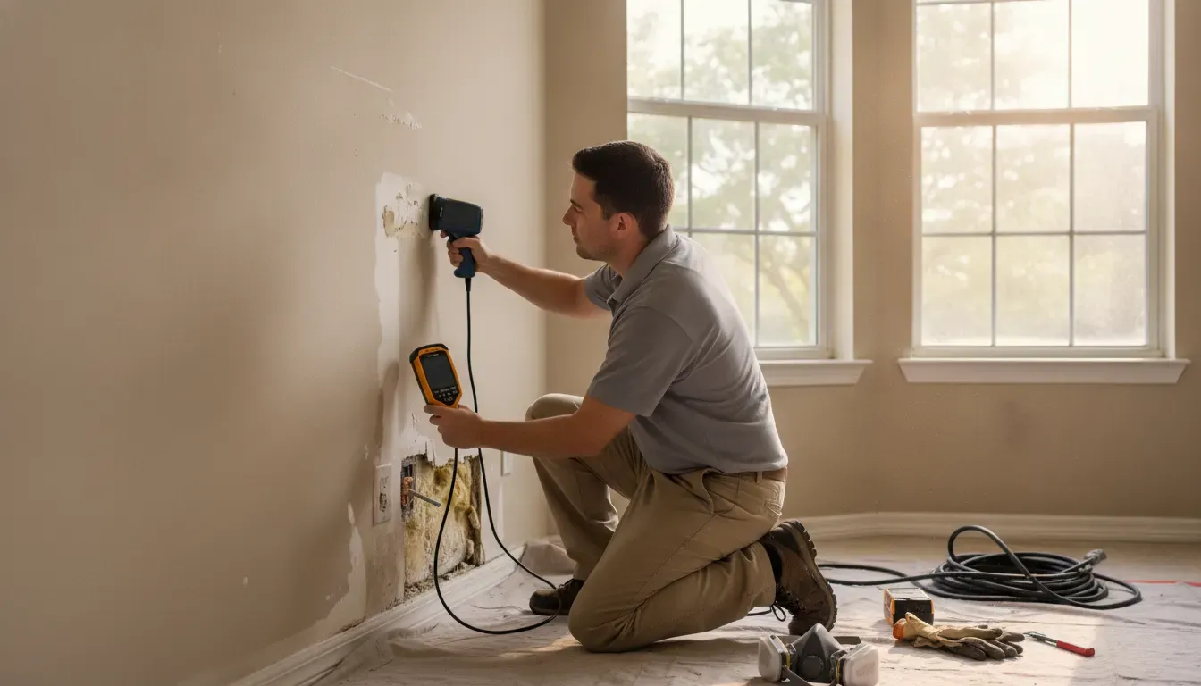Technician checking moisture levels during flood damage restoration