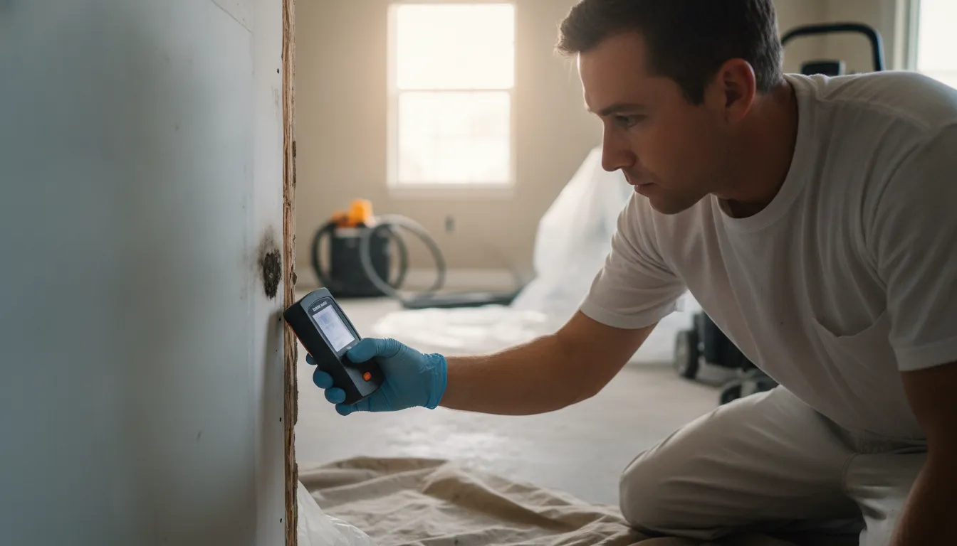 Technician using a moisture meter beside a dark mold-like patch on drywall