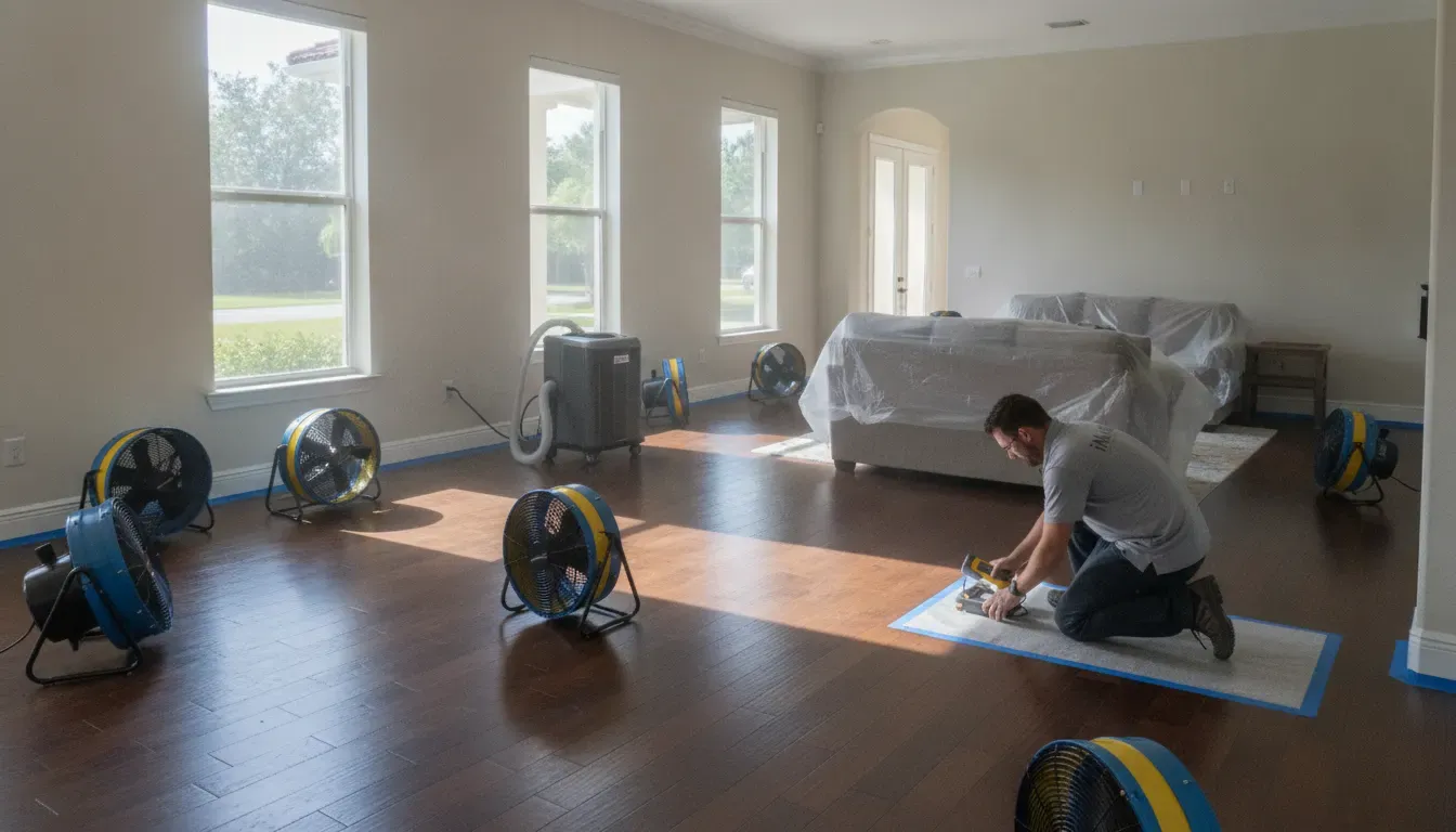 Air movers and a dehumidifier drying a flooded room