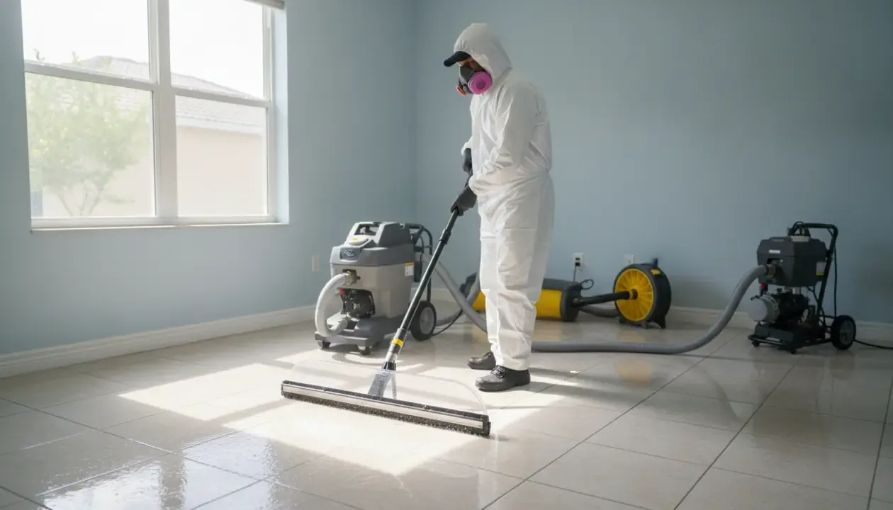 Technician performing sewage backup cleanup and water extraction in a Fort Myers home