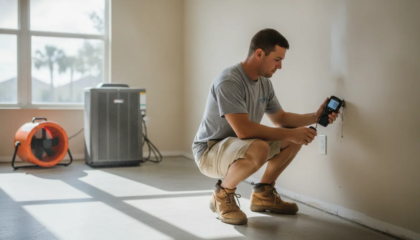 Technician using a moisture meter near air movers and a dehumidifier