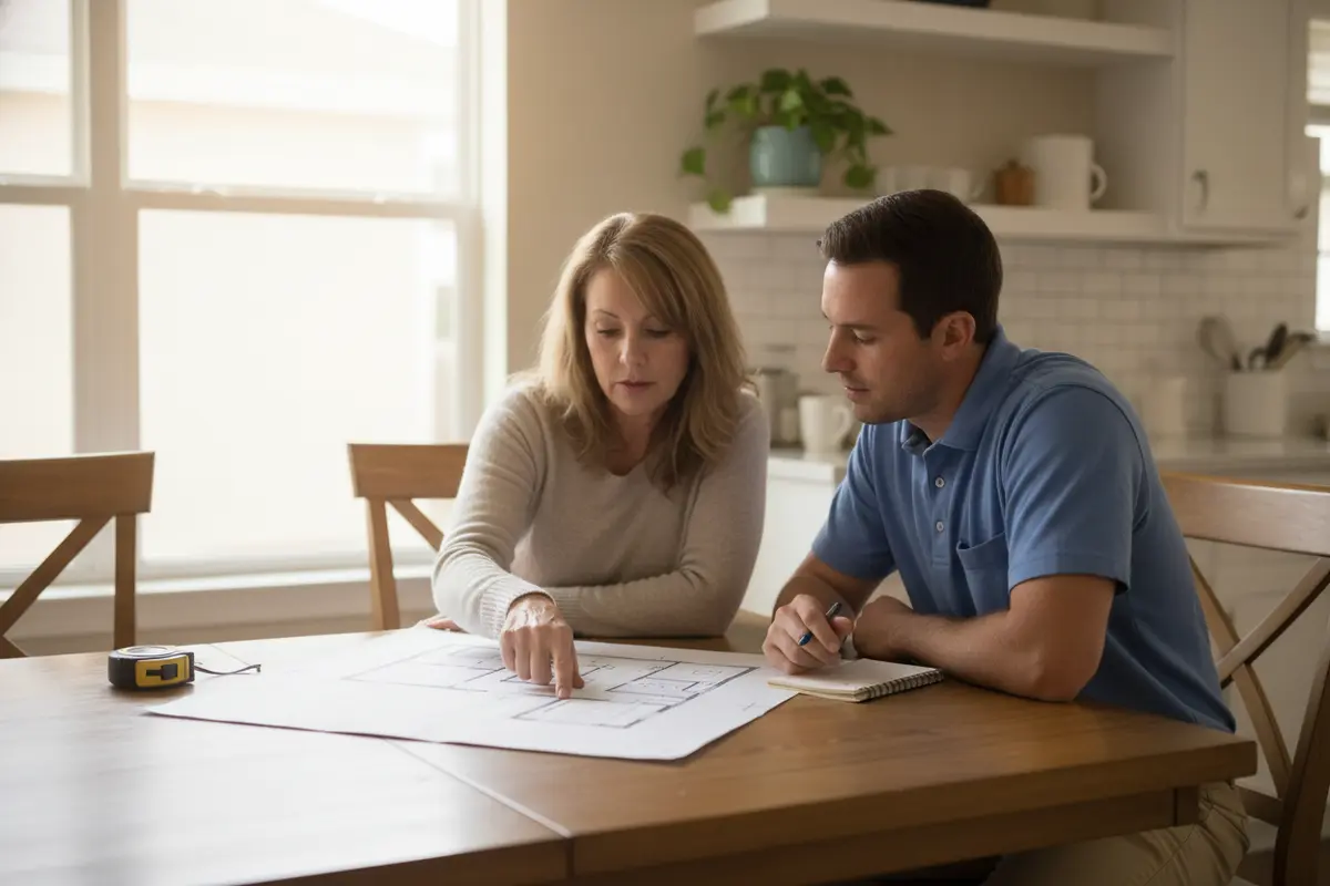 Homeowner and restoration professional planning access and living arrangements during remediation