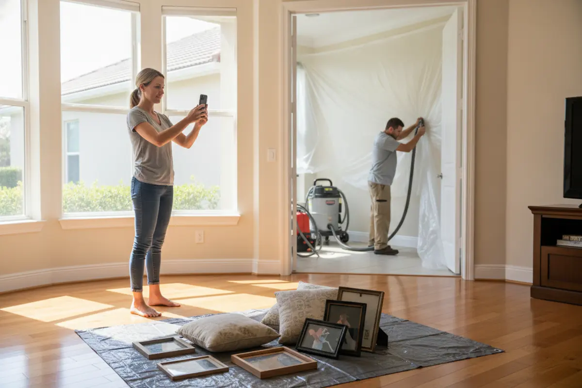 Homeowner documenting water affected belongings from a safe dry area