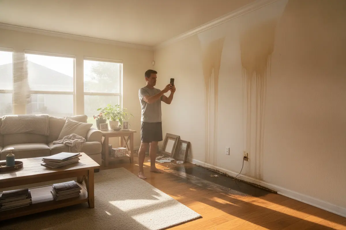 Homeowner documents water staining and damp flooring after a hurricane