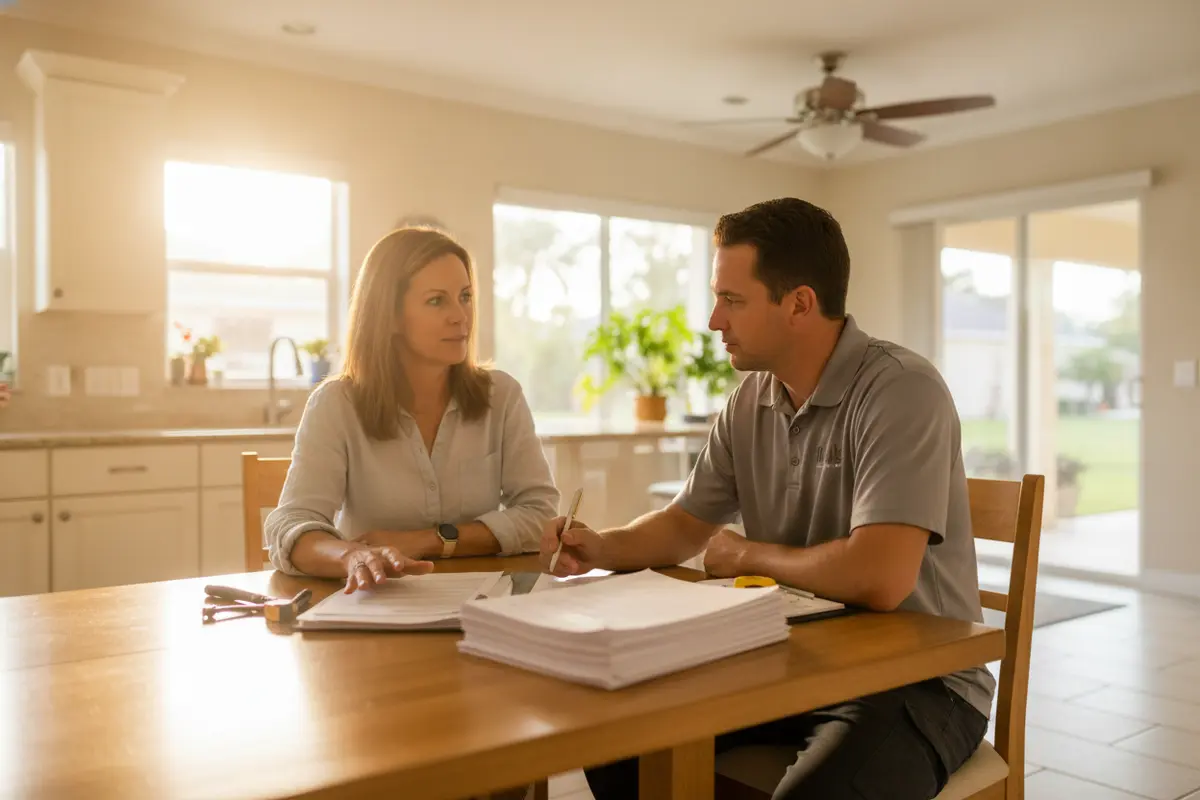 Homeowner reviewing a written mold remediation estimate with a restoration professional