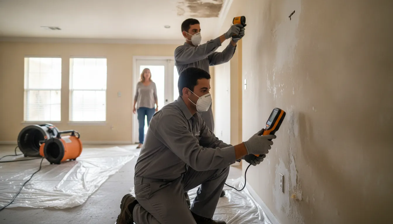 Restoration professional documenting moisture in a damaged property