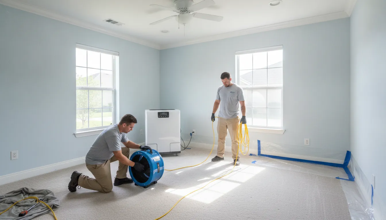 Restoration team using drying equipment after water damage
