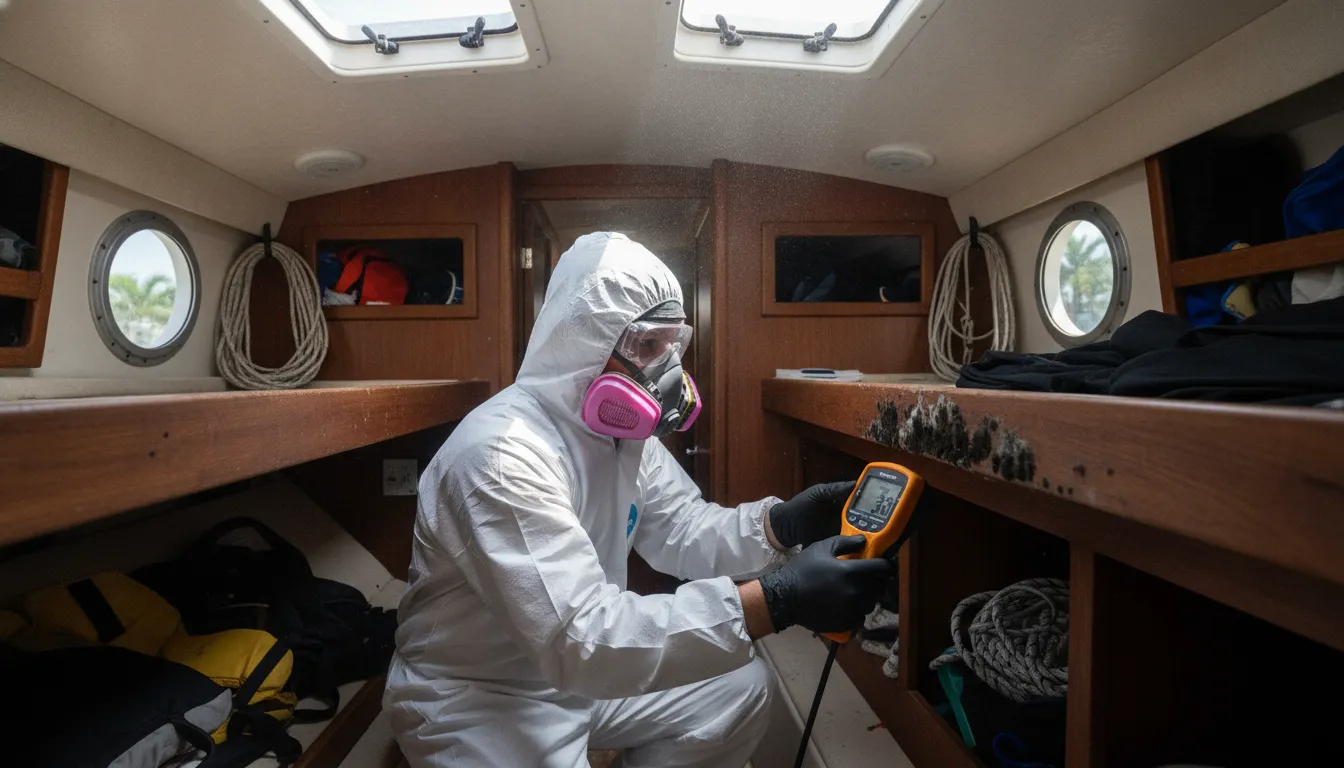 Restoration technician inspecting a boat cabin for mold at a Fort Myers marina