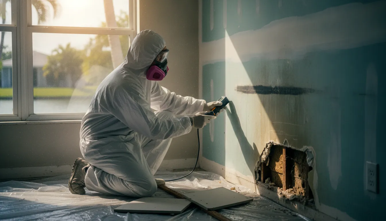 Mold remediation specialist inspecting a water-damaged wall in a Cape Coral waterfront home