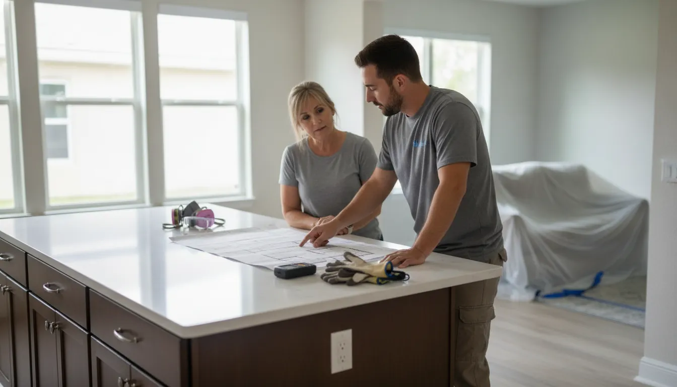 Homeowner reviewing a restoration contractor comparison checklist with a project professional