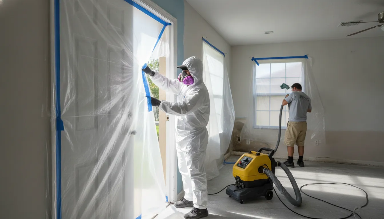 Professional mold remediation process with containment barriers being set up in a Florida home