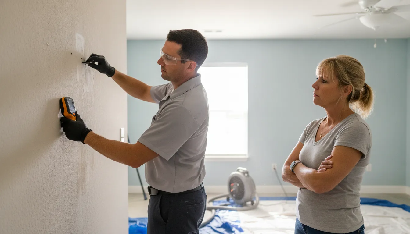 Restoration professional checking a damp wall with a moisture meter