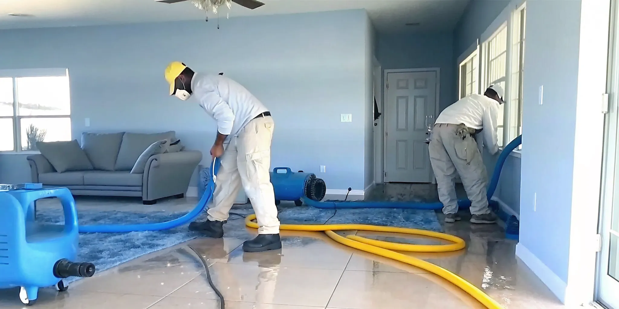 Certified restoration team drying water-damaged floors with industrial equipment in a Florida home