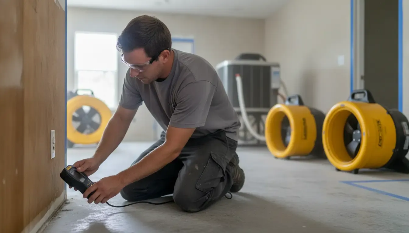 Technician checking moisture after water damage in a Florida home