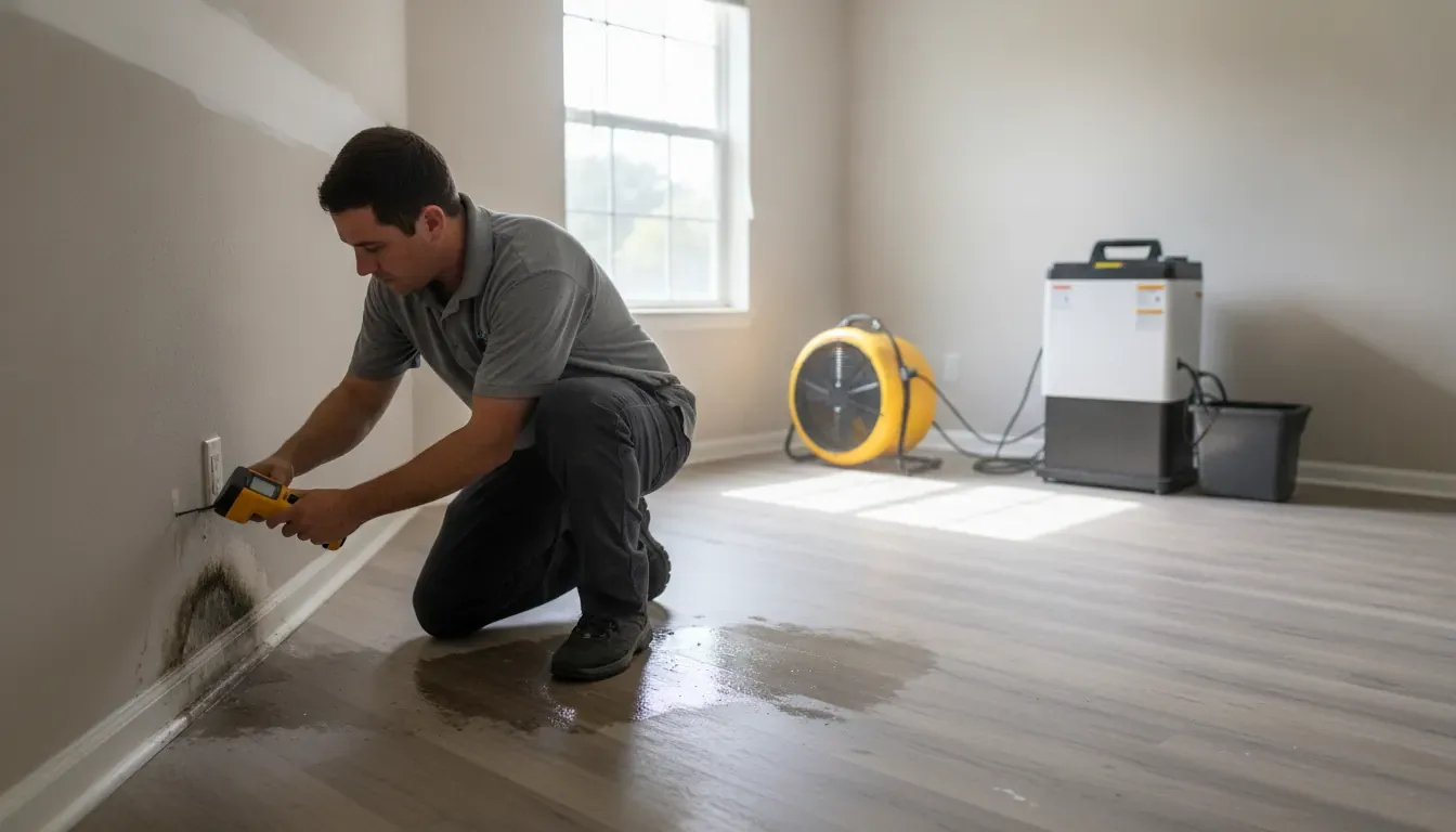 iMold technician checking drywall moisture after pipe burst water damage in Florida