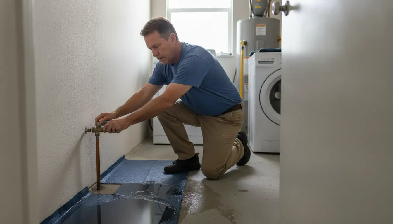 Homeowner safely closing a main water shutoff after pipe burst water damage in Florida