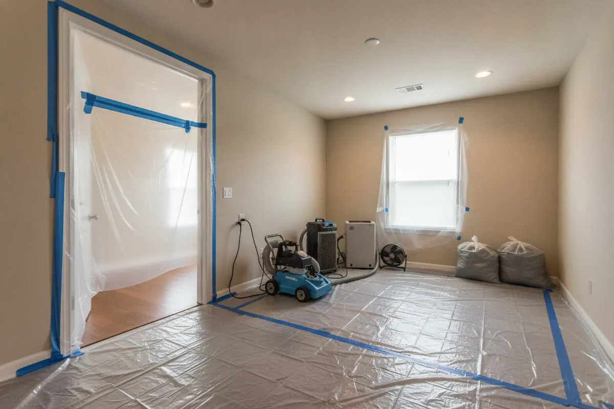 Prepared work area with protective barriers during professional mold remediation
