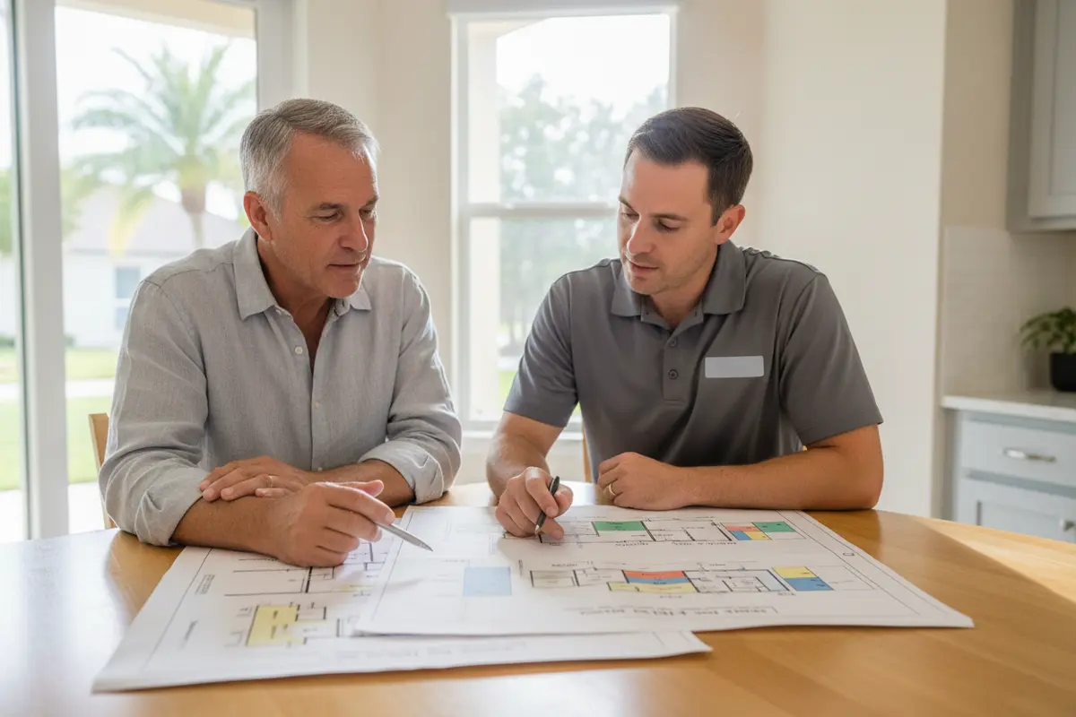 Property owner and restoration professional reviewing a written remediation scope at a kitchen table