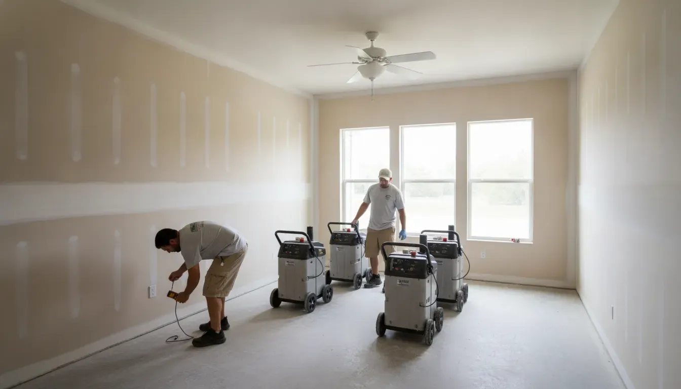 Technicians checking moisture during the restoration stage after mold remediation