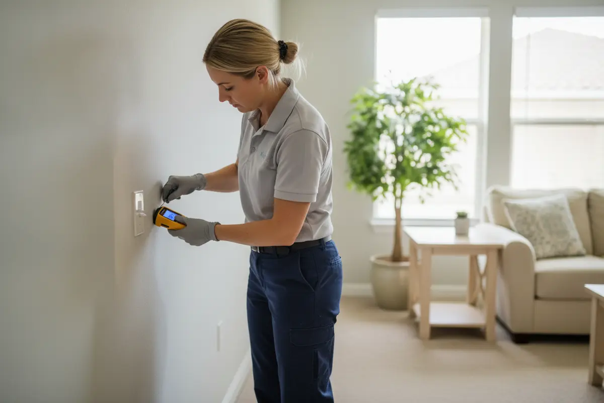 Restoration professional checking a damp area near a home interior wall