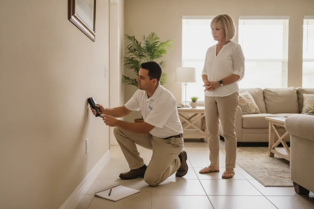 Restoration professional checking a wall and documenting moisture concerns during a home assessment