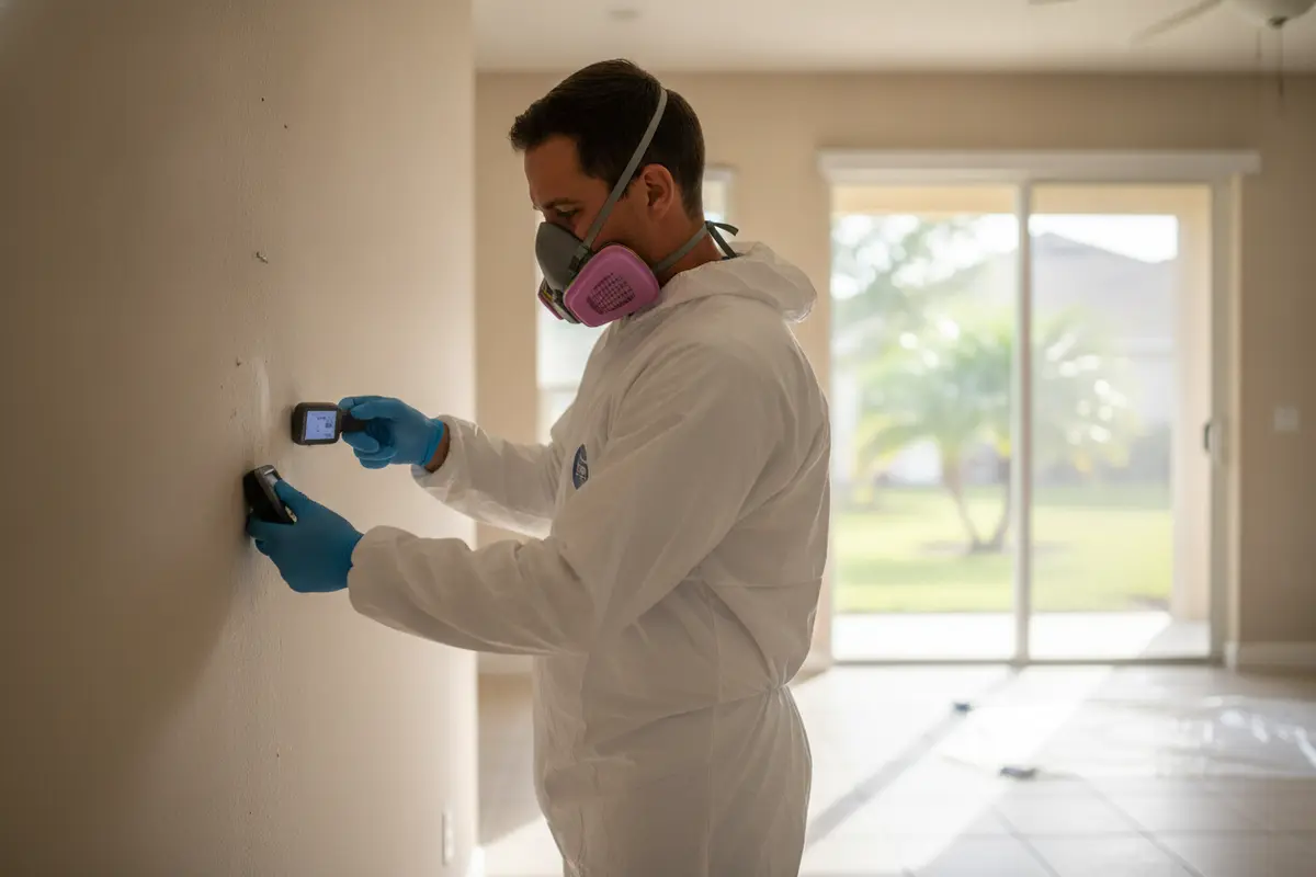 Restoration professional checking a wall for moisture during a mold assessment