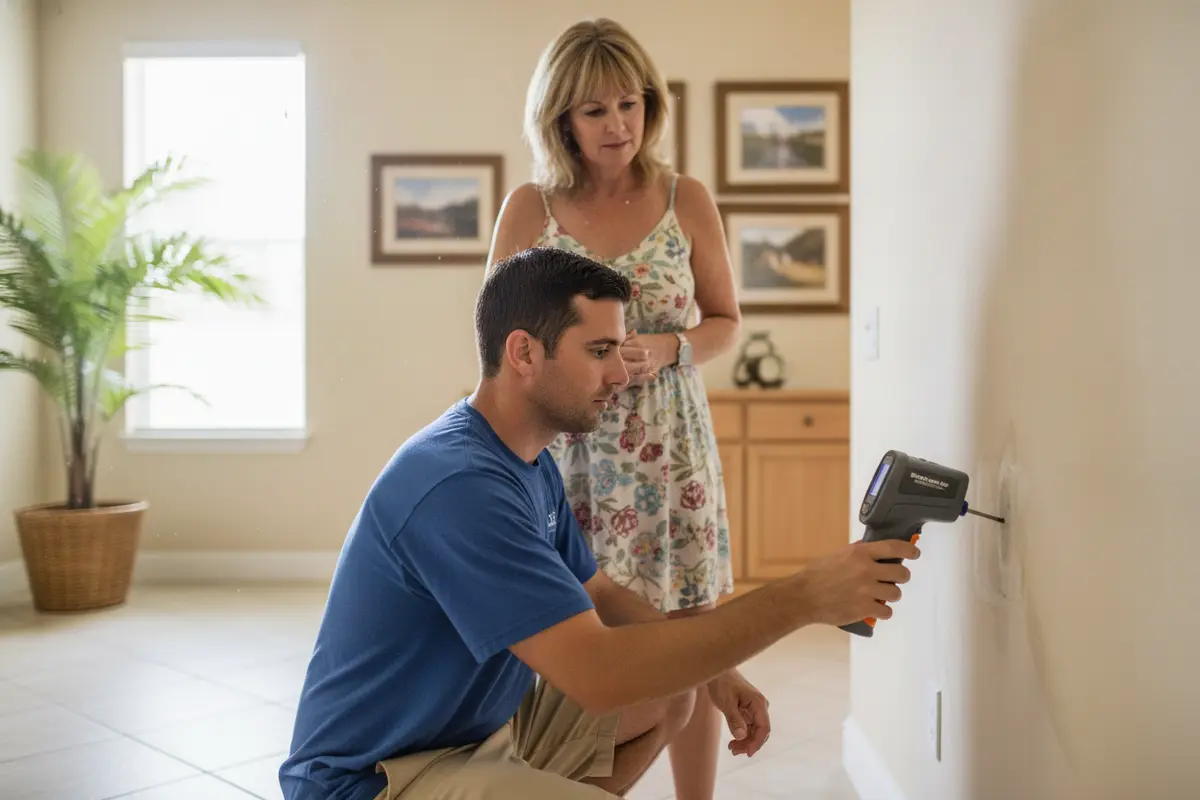 Restoration professional checking moisture near a water-damaged wall
