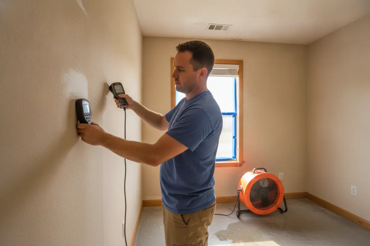 Restoration professional checks moisture in a storm-affected room