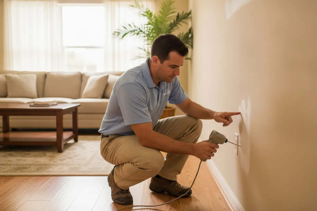 Restoration technician checks a wall for moisture after a leak