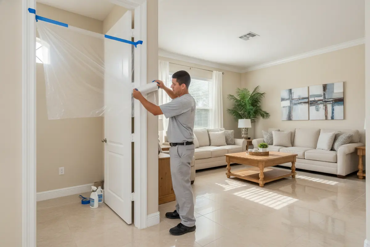 Restoration worker setting up protective barriers between a work area and an occupied room