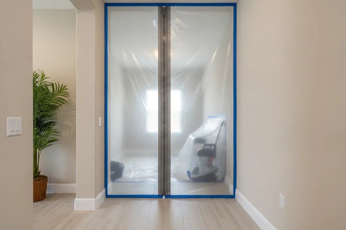 Sealed containment separating a mold remediation work area from the rest of a home