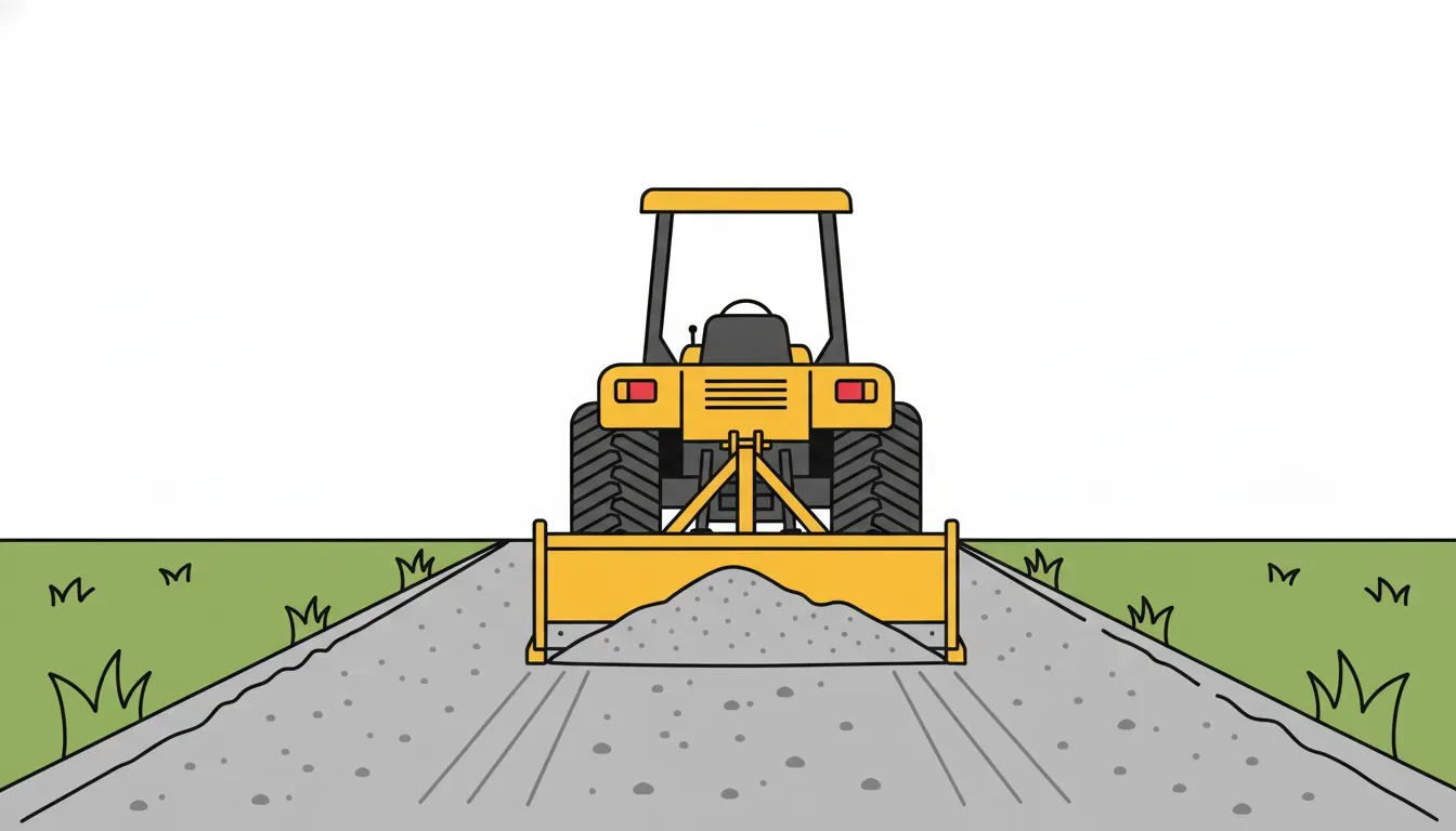 Rear view of a box blade spreading gravel on a Minnesota driveway