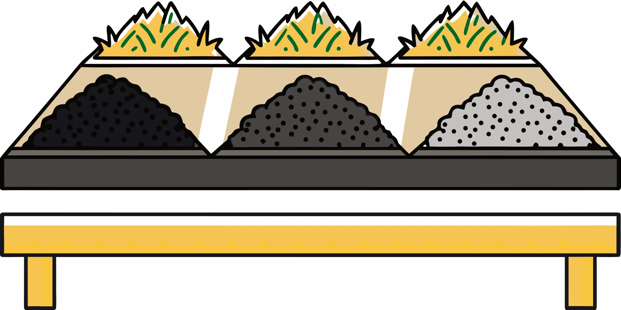 Side by side comparison of black dirt, compost, and garden soil piles on a wooden surface
