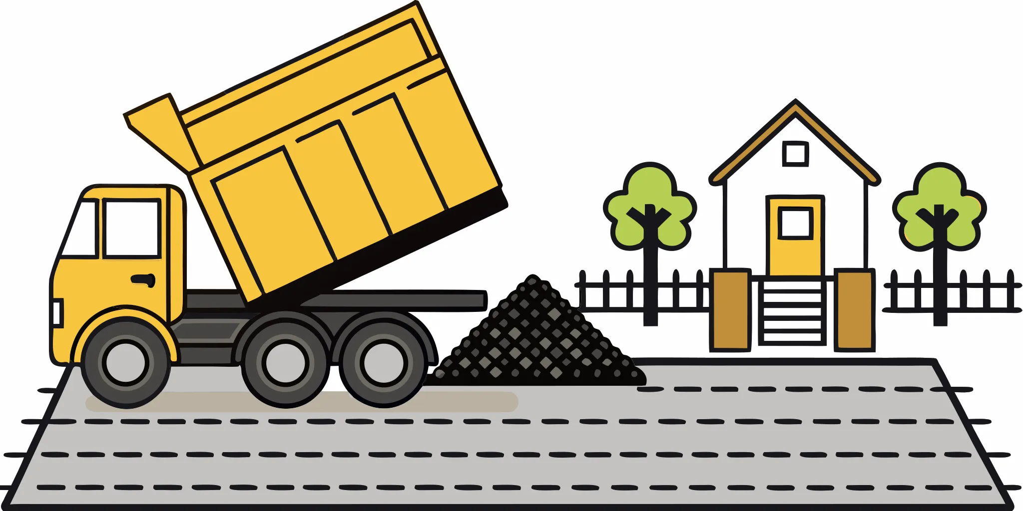 Dump truck placing screened black dirt on a marked tarp