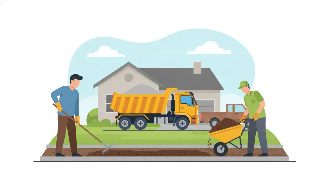 Workers spreading screened topsoil after delivery in a Minnesota South Metro yard