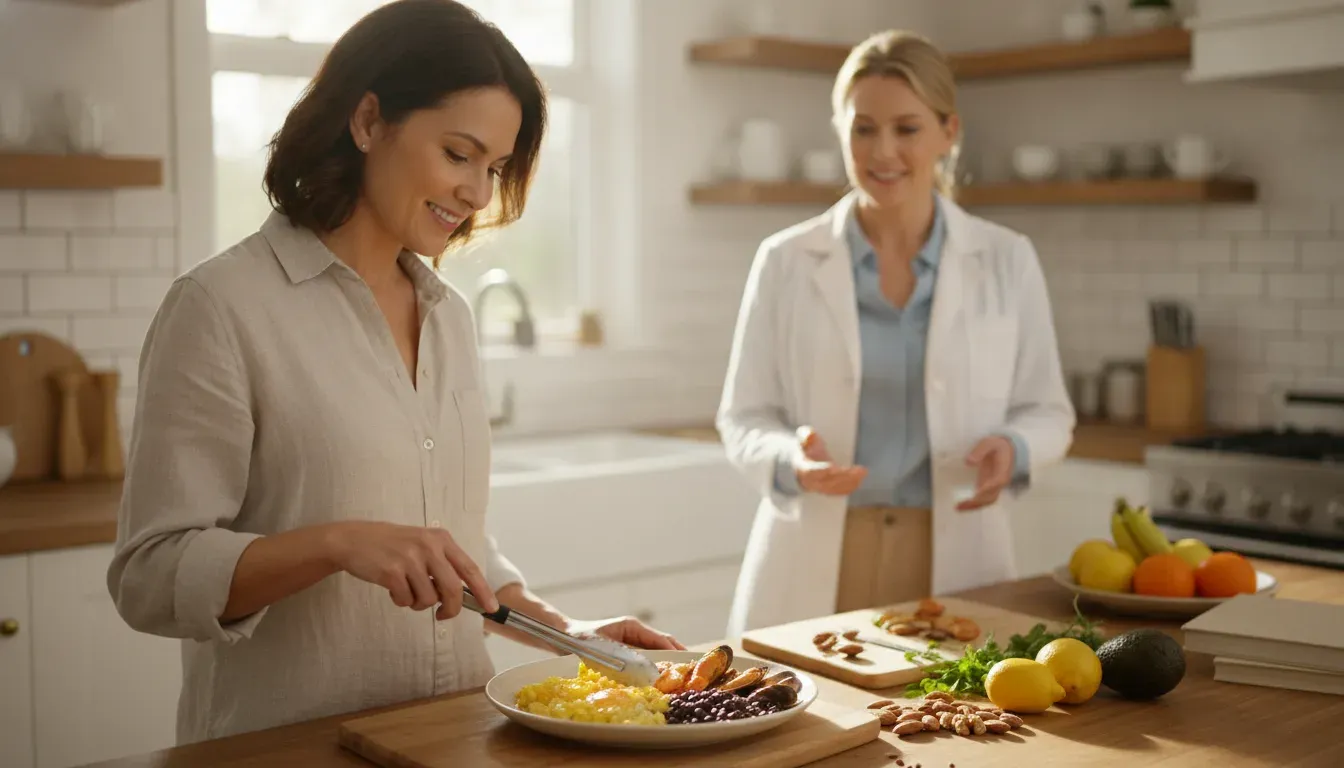 Adult preparing zinc-rich foods with a nutrition professional in a bright kitchen