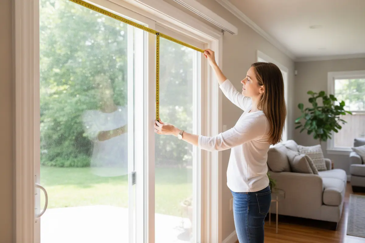 Vertical blind vanes gathered beside a patio door handle