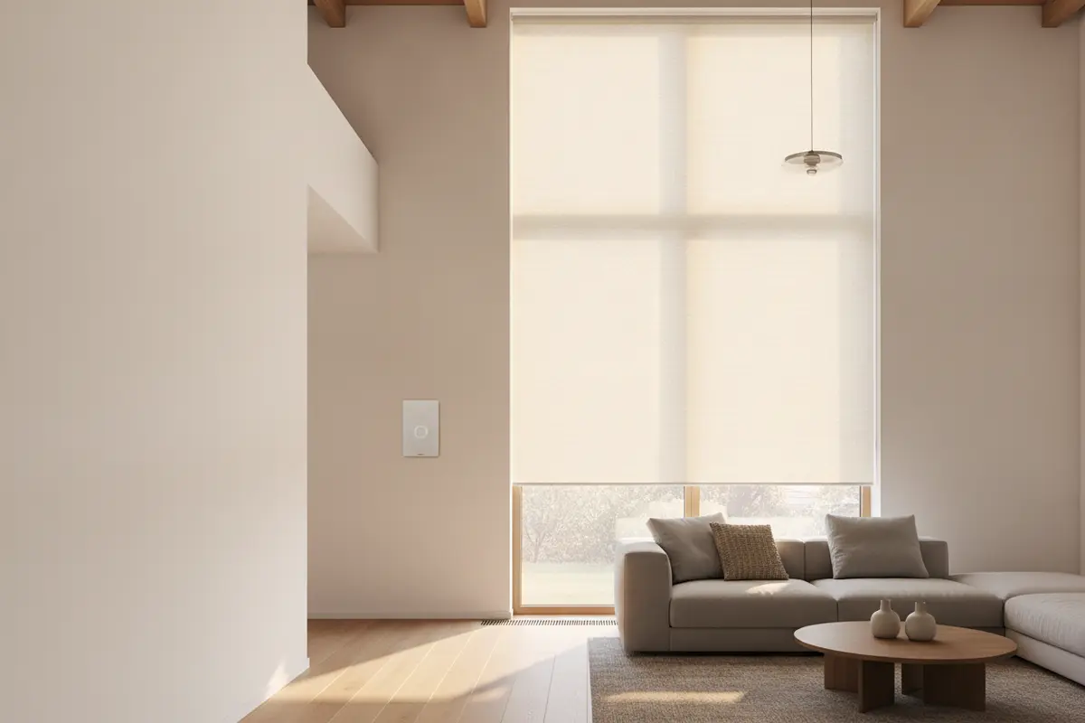 A motorized roller shade partially covering a tall living room window