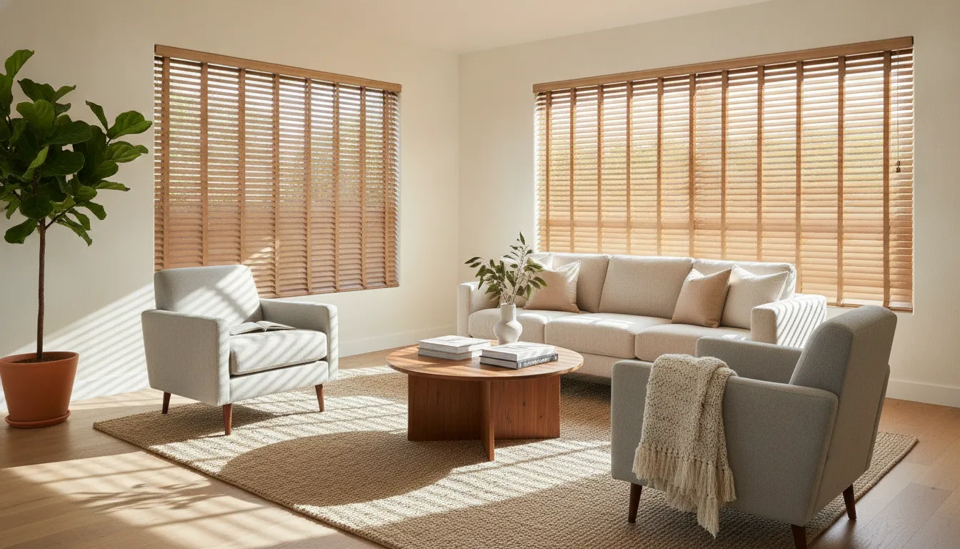 Custom faux wood blinds in a bright Southern California living room
