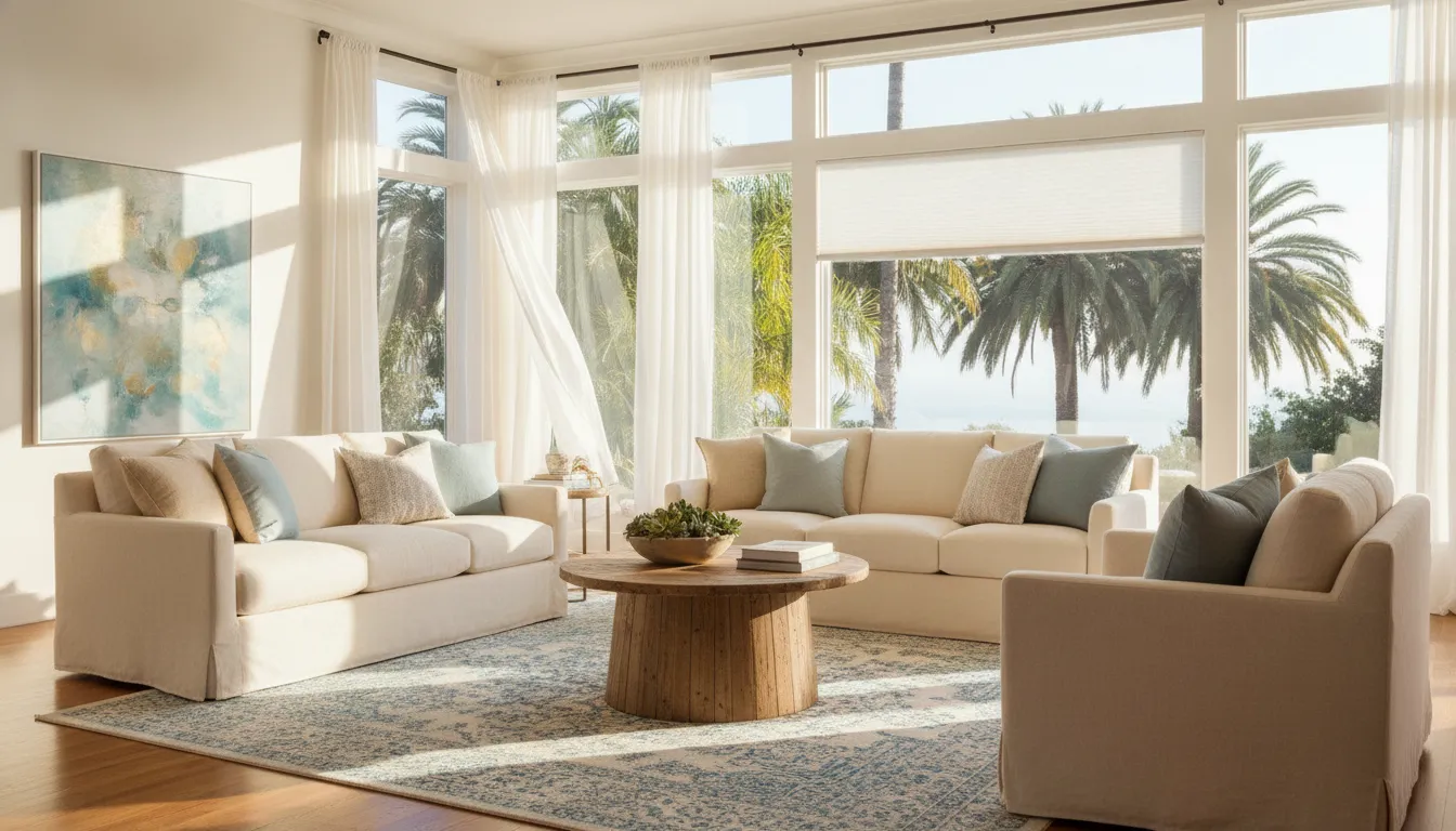 Honeycomb cellular shade filtering afternoon sun in a Southern California living room