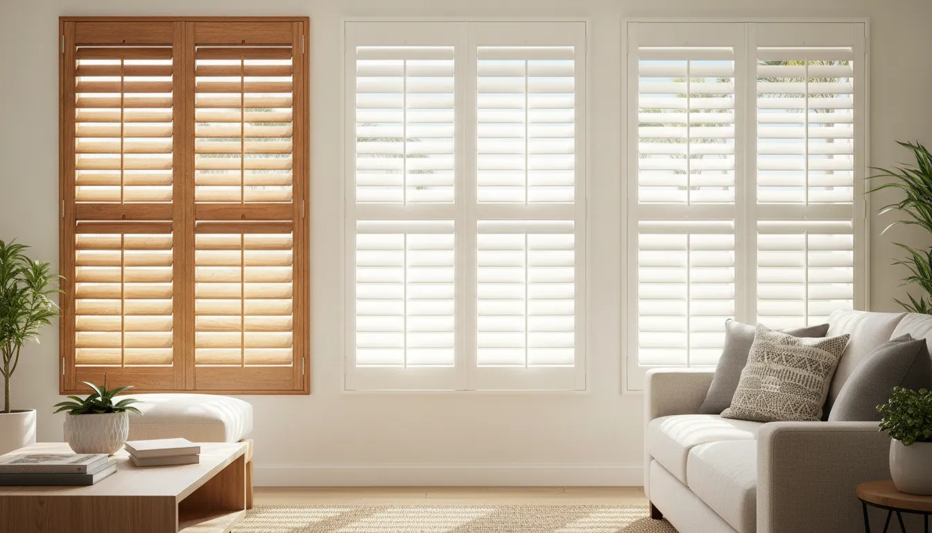 Composite, wood, and Polycore-style plantation shutters in a bright Southern California living room