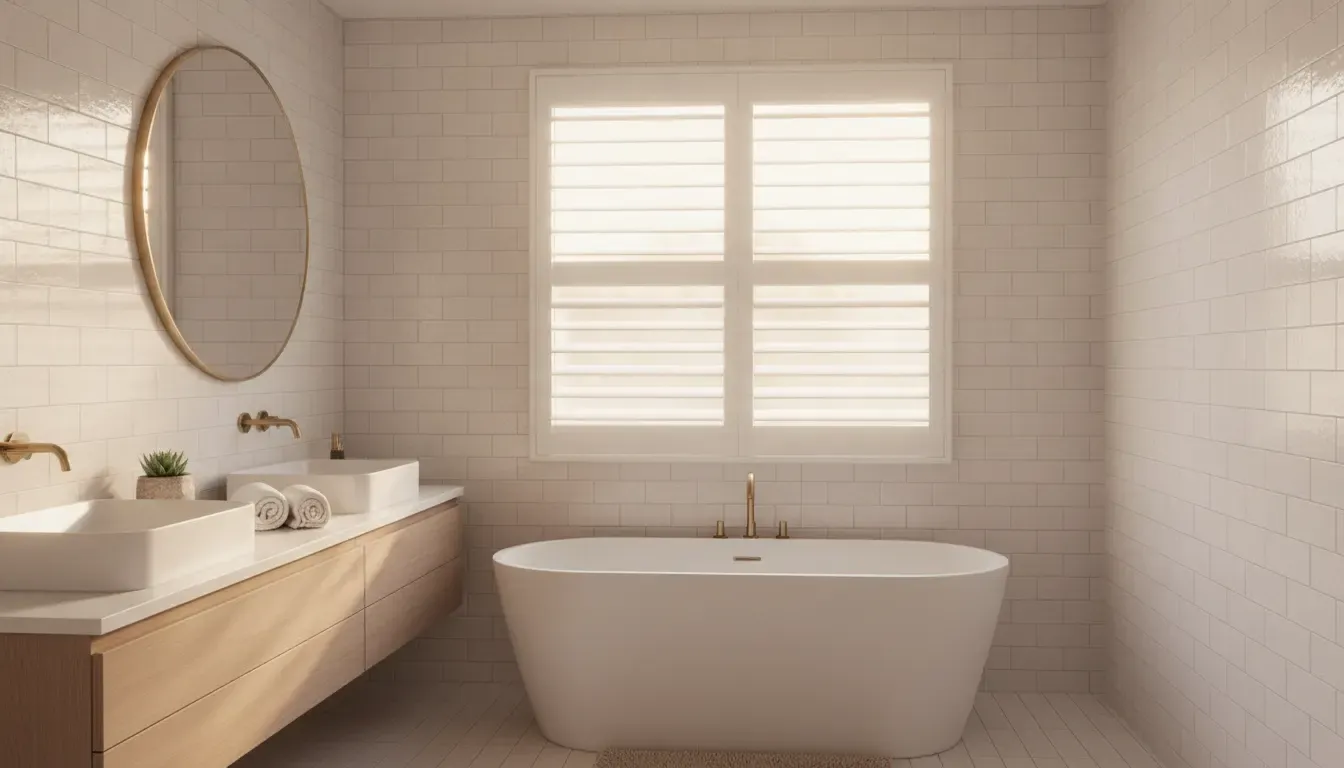 Moisture-tolerant bathroom shutters in Corona filtering daylight over a bathtub