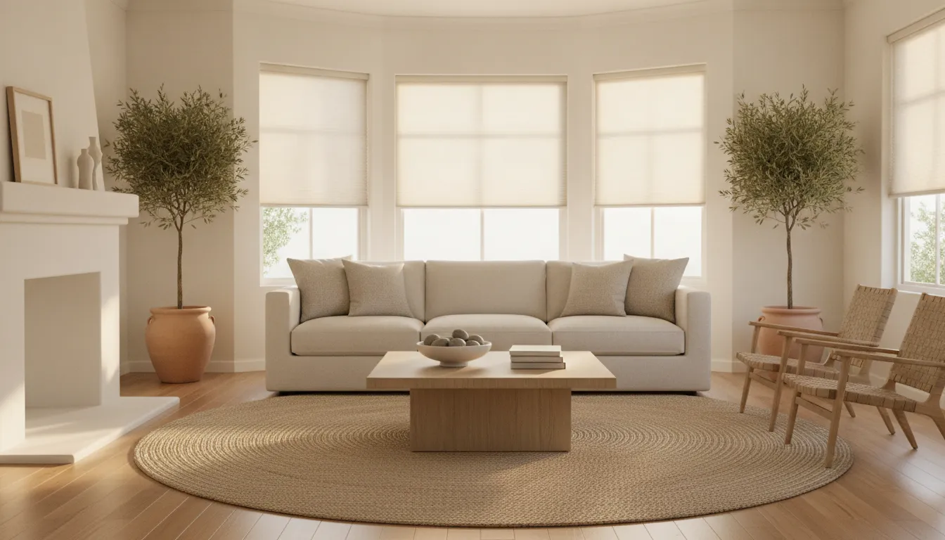 Cellular window treatments for bay windows in a bright living room